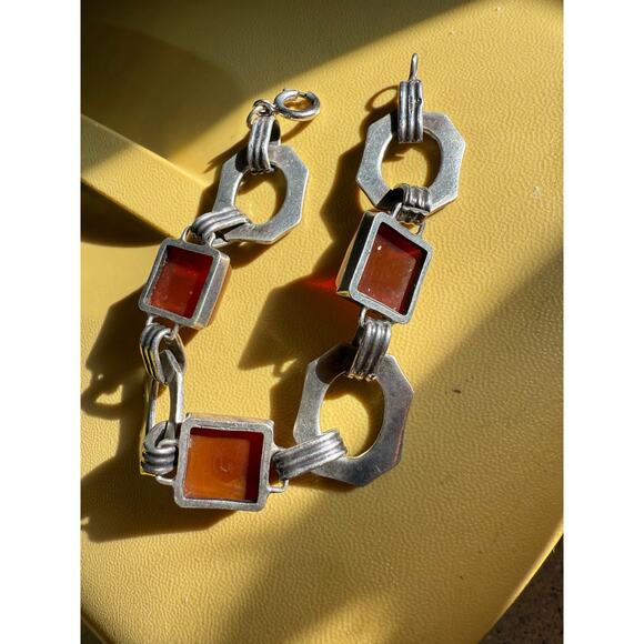 Vintage Art Deco Sterling Red Enamel Bracelet Carnelian Sard Pyramid Cabochon - Picture 8 of 11